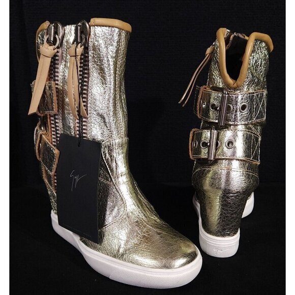 Giuseppe Zanotti Buckle Wedge Leather Sneaker 36 6 Gold Metallic High Top New - Picture 2 of 11